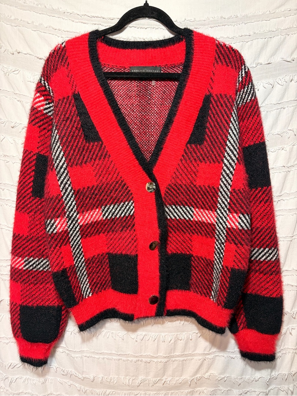 English Factory fuzzy plaid cardigan